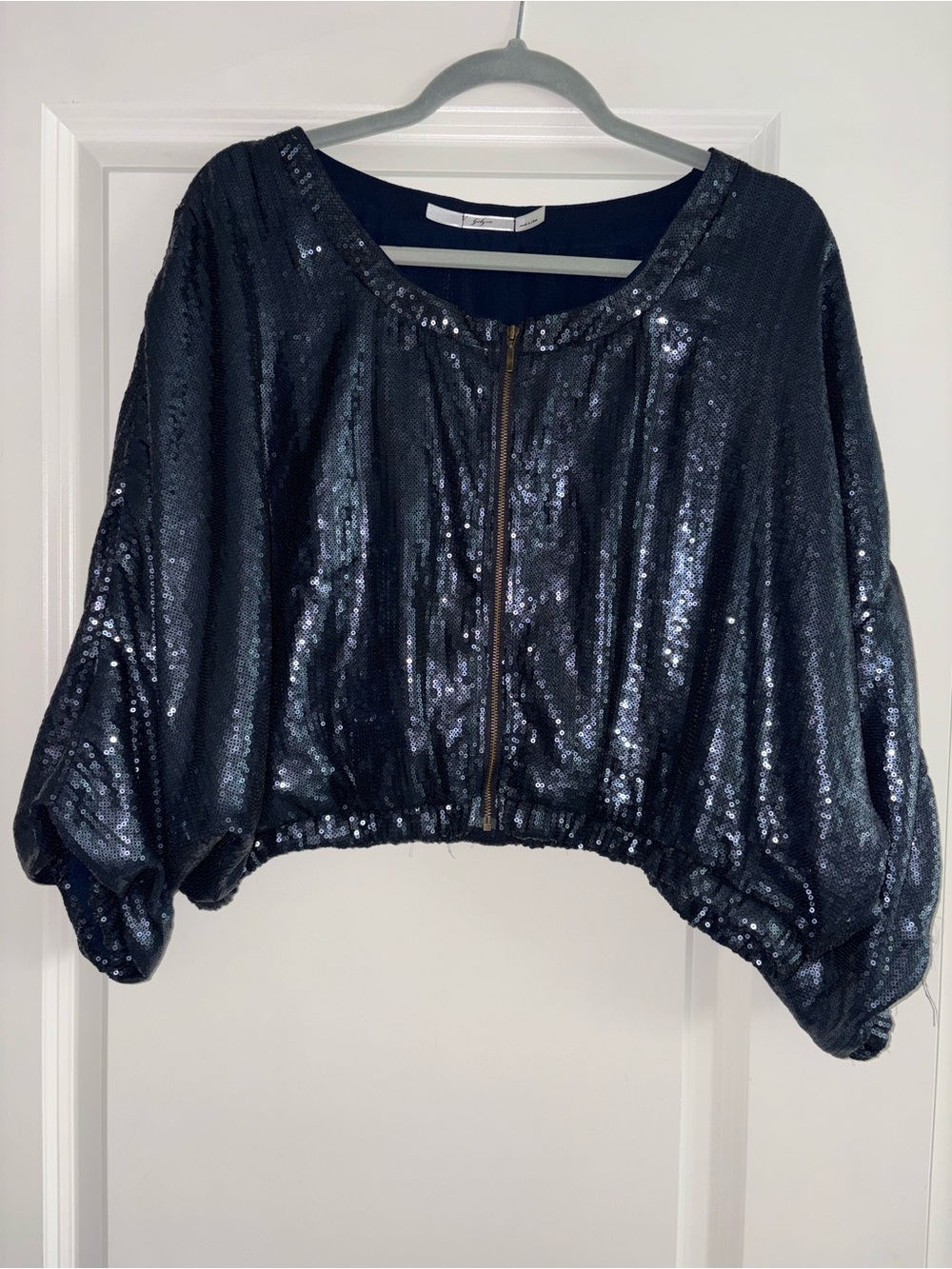 GIBSON Navy Blue Crop Sequin Zip Up Bomber Style Jacket Size L